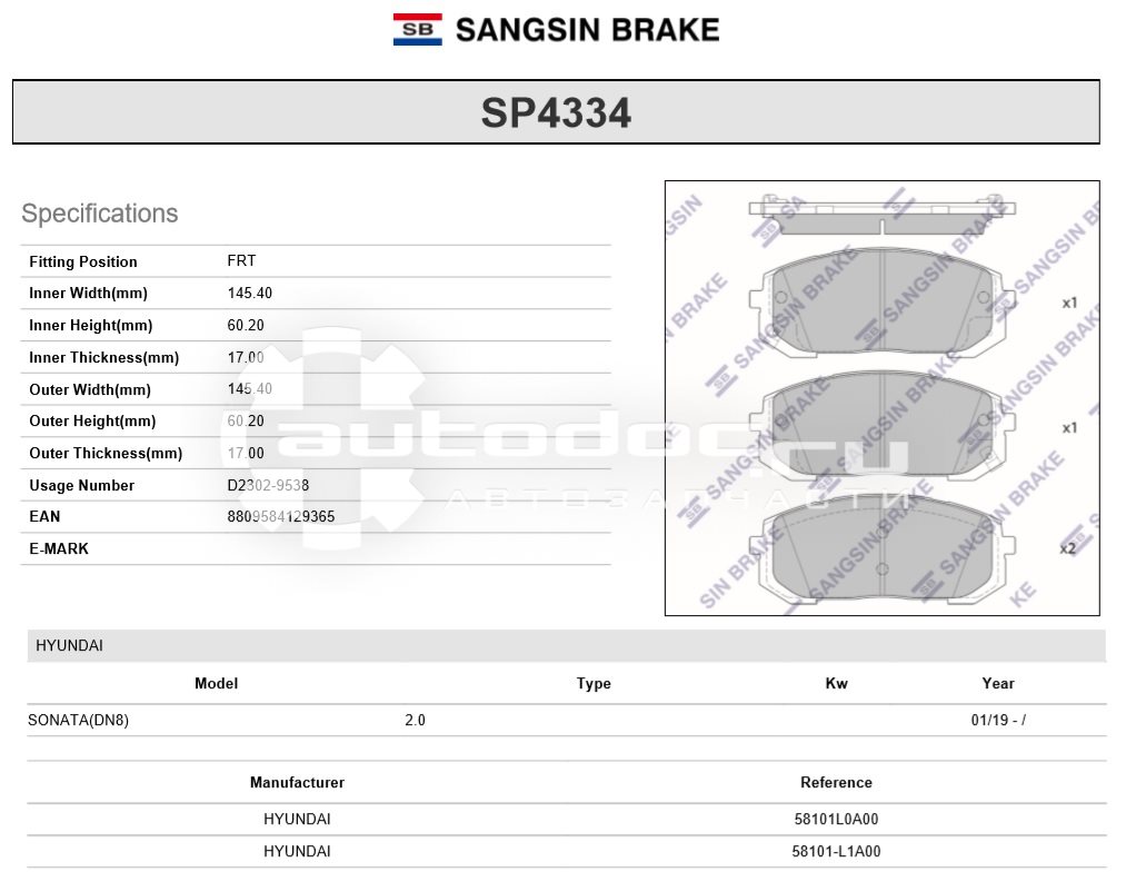 Колодки тормозные SANGSIN sp4334: фото, цена, описание, применимость.  Купить в интернет-магазине Автодок