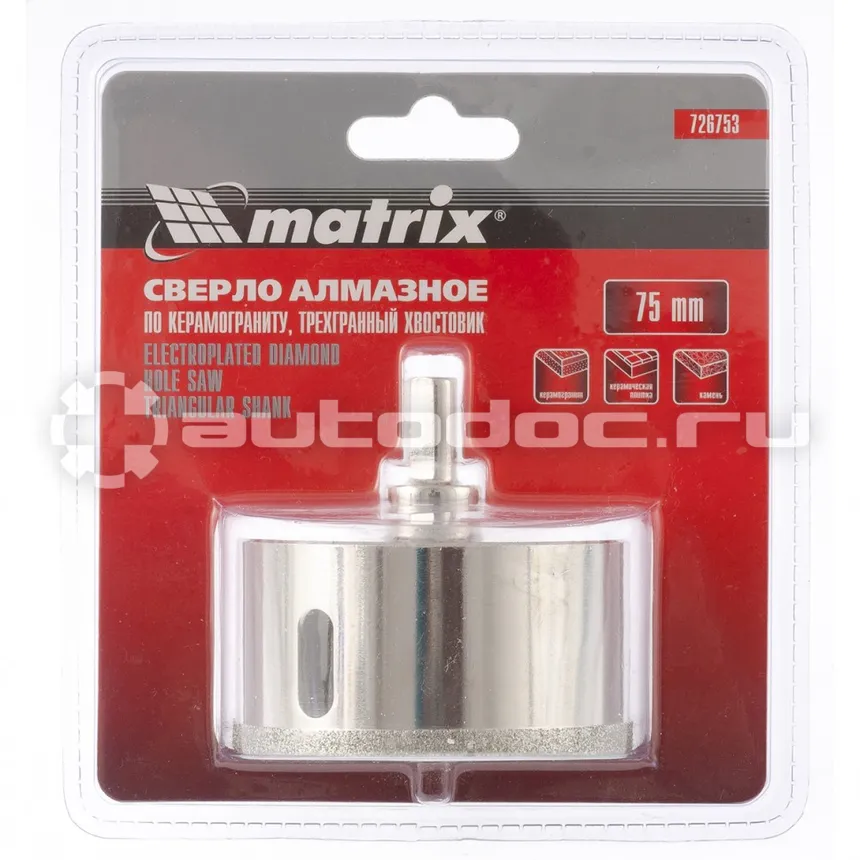 MATRIX Сверло алмазное по керамограниту, 75 х 67 мм, трехгранный хвостовик