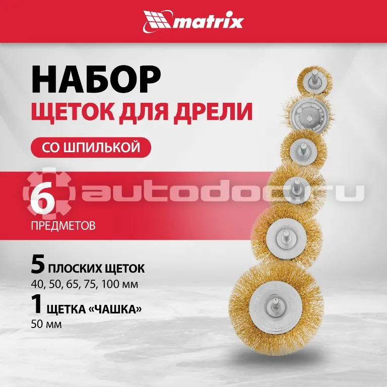 MATRIX Набор щеток для дрели, 6 шт., 5 плоских 40-50-65-75-100 мм + 1 "чашка" 50 мм, со шпильками