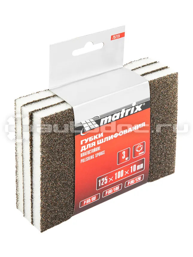 MATRIX 75715 Губка для шлифования, 125 х 100 х 10 мм, мягкая, 3 шт., P 60 | 80, P 60 | 100, P 80 | 120