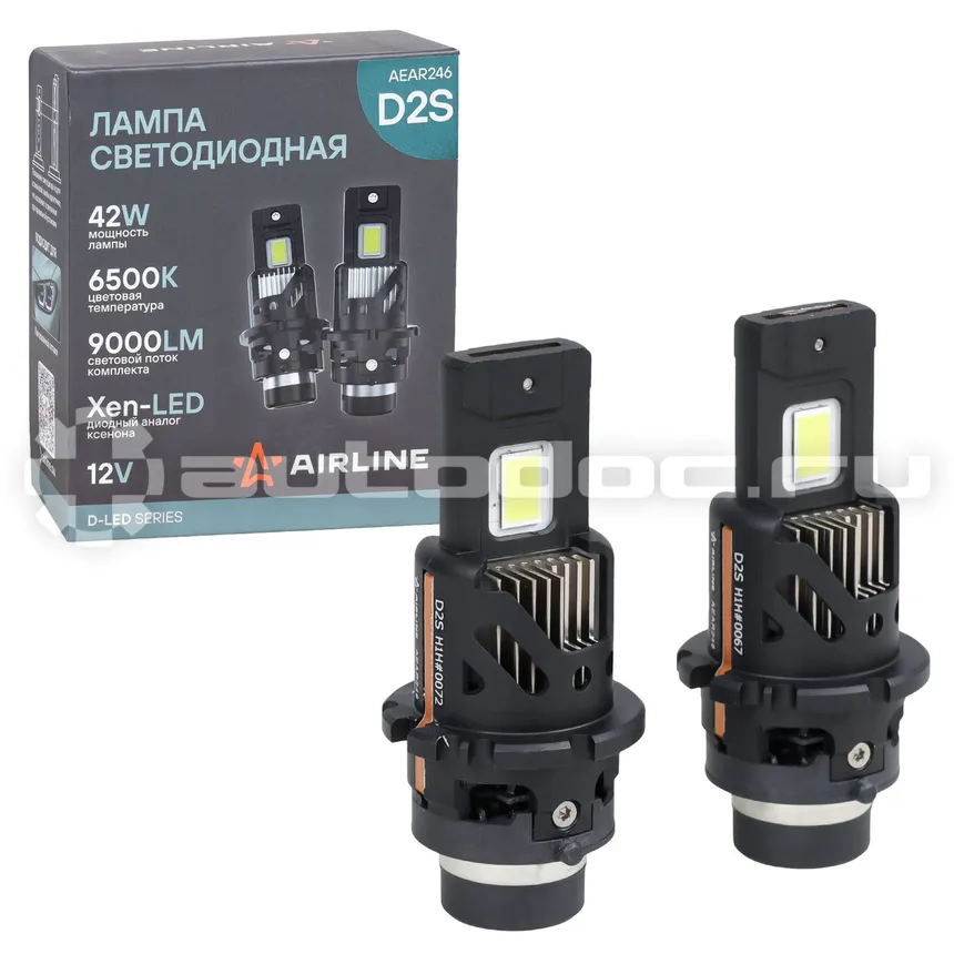 AIRLINE Лампа светодиодная D2S D-LED, 42Вт, 9000Лм (4500Лм x 2), 6500К (Белый), 12В, комплект 2 шт.
