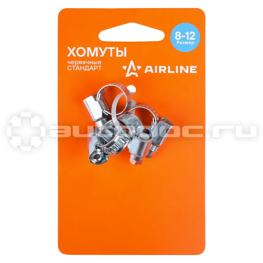 AIRLINE Хомуты 8-12/9мм, червячные, стандарт, W1(оцинк) 4шт., подложка