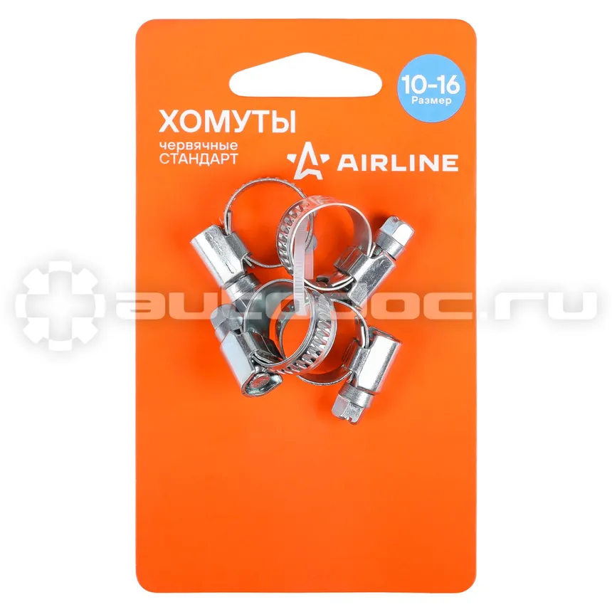 AIRLINE Хомуты 10-16/9мм, червячные, стандарт, W1(оцинк) 4шт. подложка
