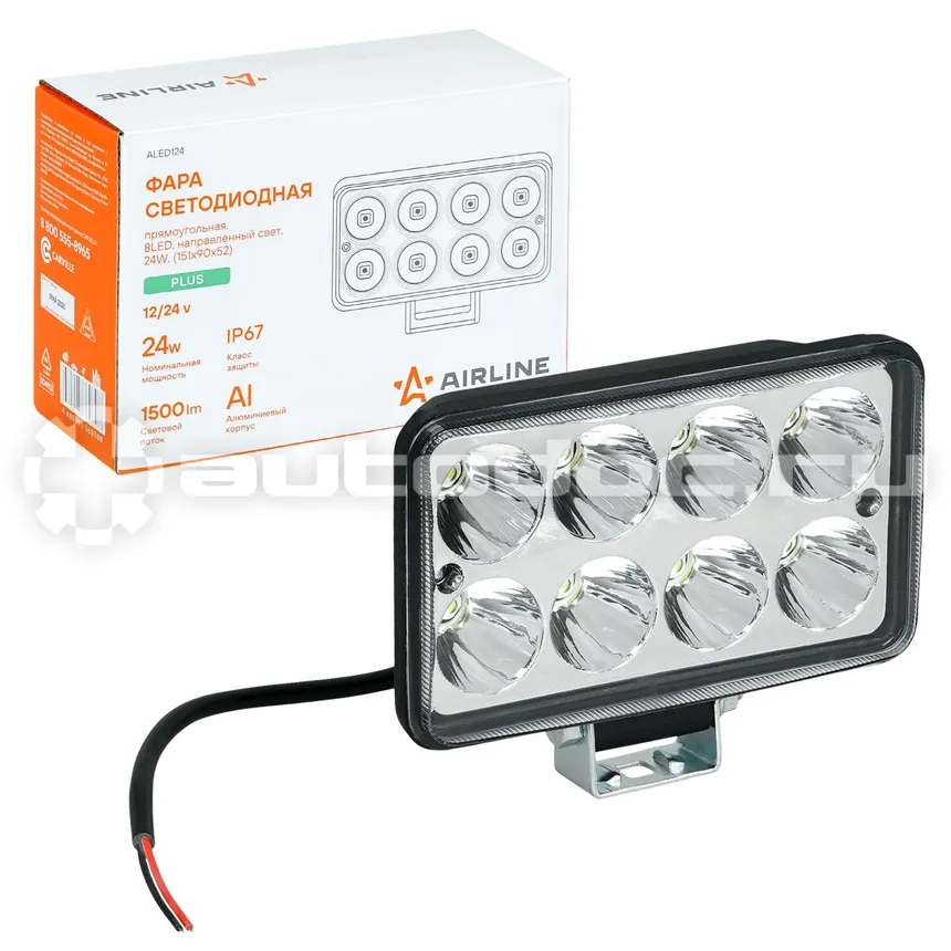 AIRLINE Фара светодиодная прямоугольная, 8LED, дальний свет, 24Вт, 151x90x52мм, 12/24В, PLUS
