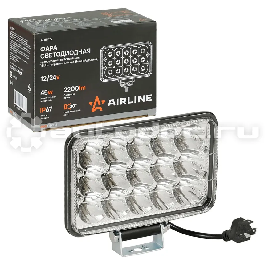 AIRLINE Фара светодиодная прямоугольная, 15LED, направленный свет (Ближний/Дальний), 45Вт, 165x108x74мм, 12/24В, PRO