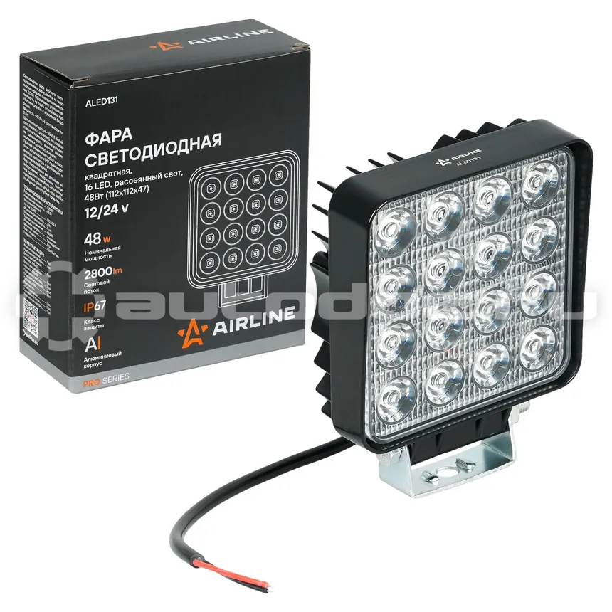 AIRLINE Фара светодиодная квадратная, 16LED, ближний свет, 48Вт, 112x112x47мм, 12/24В, PRO