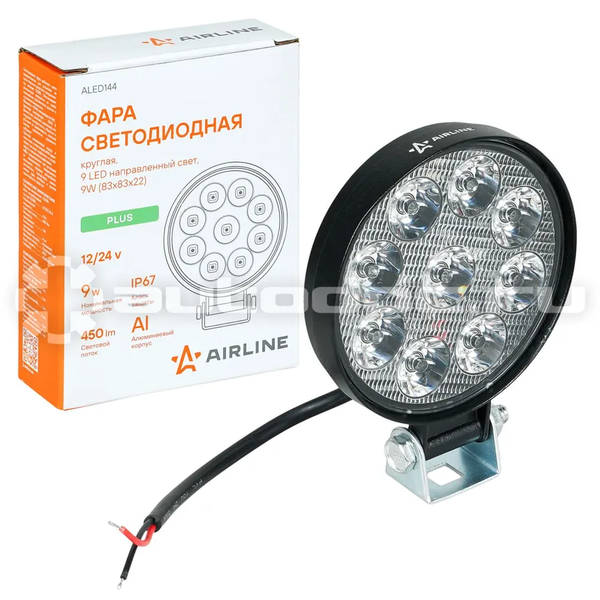 AIRLINE Фара светодиодная круглая, 9LED, дальний свет, 9Вт, 83х83х22мм, 12/24В, PLUS