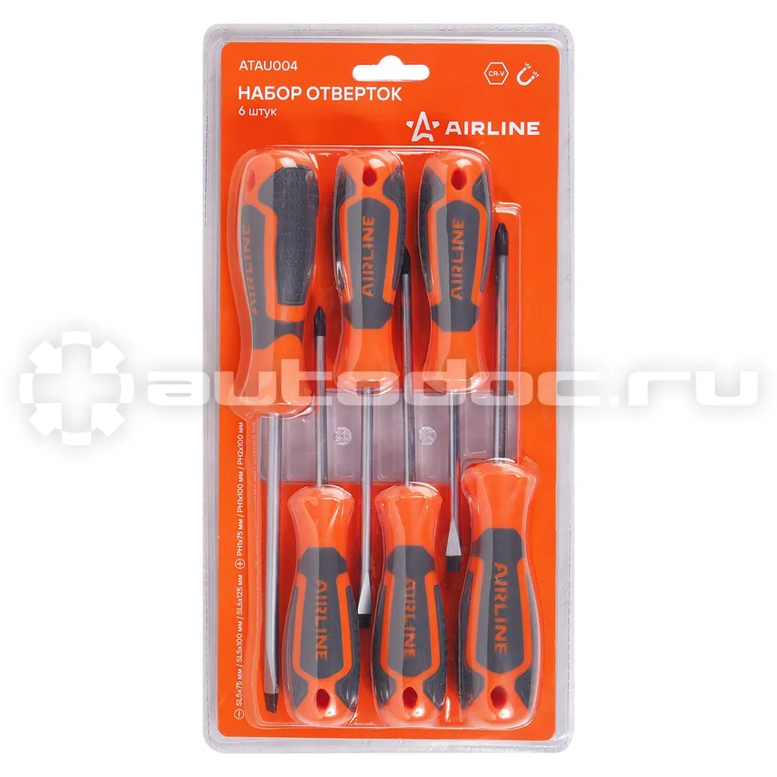 AIRLINE Набор отверток 6 пр. (SL5x75mm, SL5x100mm, SL6x125mm, PH1x75mm, PH1x100mm, PH2x100mm) блистер