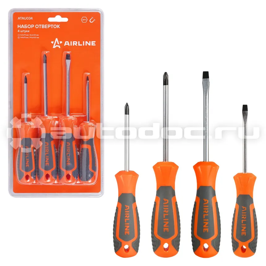 AIRLINE Набор отверток 4 пр. (SL5x75mm, SL6x100mm, PH1x75mm, PH2x100mm) блистер