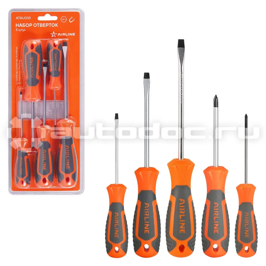 AIRLINE Набор отверток 5 пр. (SL3x75mm, SL5x100, SL6x125mm, PH0x75mm, PH1x75mm) блистер