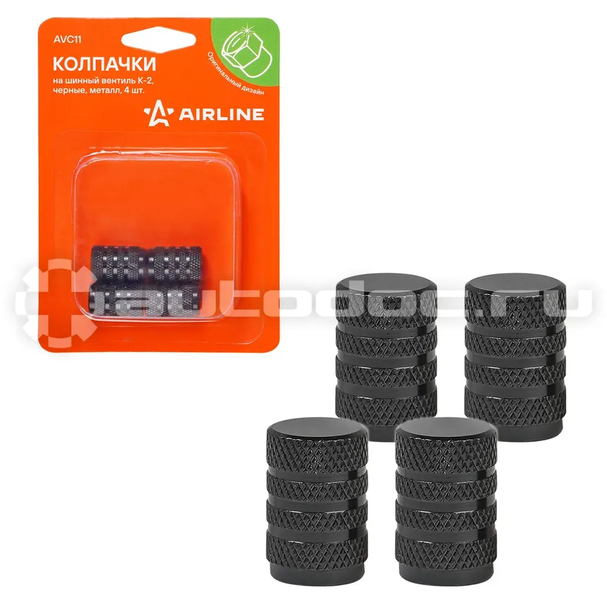 AIRLINE Колпачки на шинный вентиль K-2, черные, металл, 4 шт.