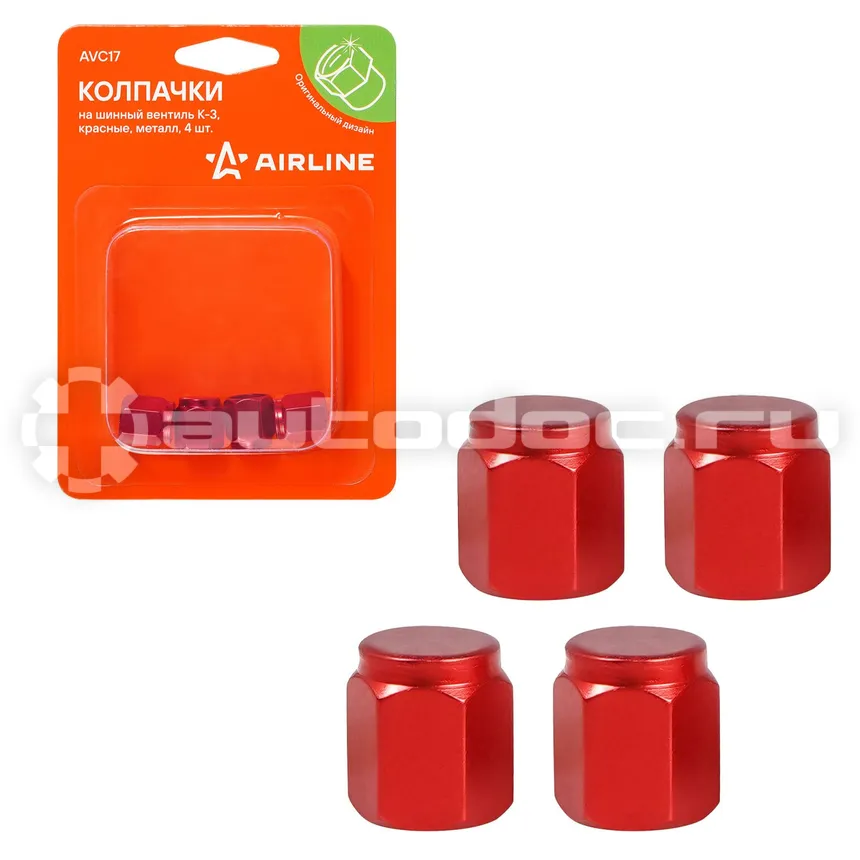 AIRLINE Колпачки на шинный вентиль K-3, красные, металл, 4 шт.