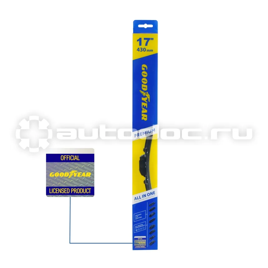 GOODYEAR Щетка стеклоочистителя бескаркасная PREMIUM 17" | 43 cm всесезонная, 8 переходников
