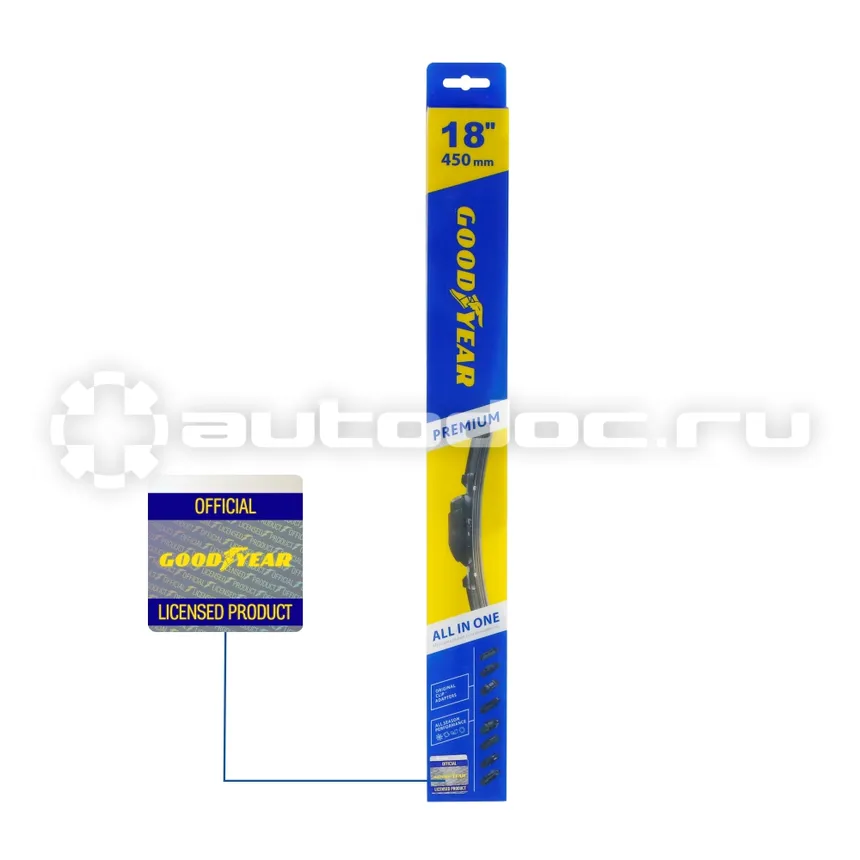 GOODYEAR Щетка стеклоочистителя бескаркасная PREMIUM 18" | 45 cm всесезонная, 8 переходников