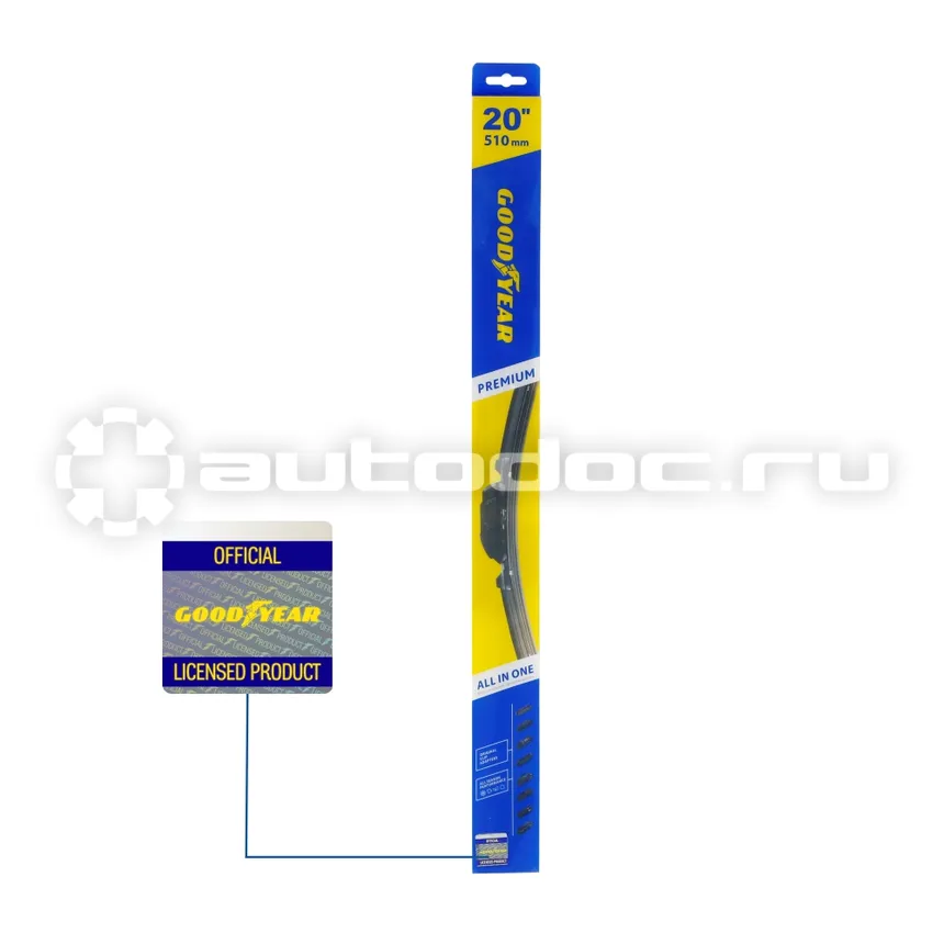 GOODYEAR Щетка стеклоочистителя бескаркасная PREMIUM 20" | 51 cm всесезонная, 8 переходников