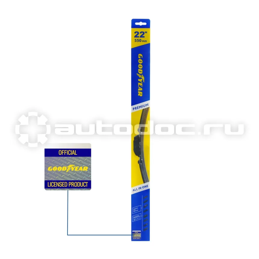 GOODYEAR Щетка стеклоочистителя бескаркасная PREMIUM 22" | 55 cm всесезонная, 8 переходников