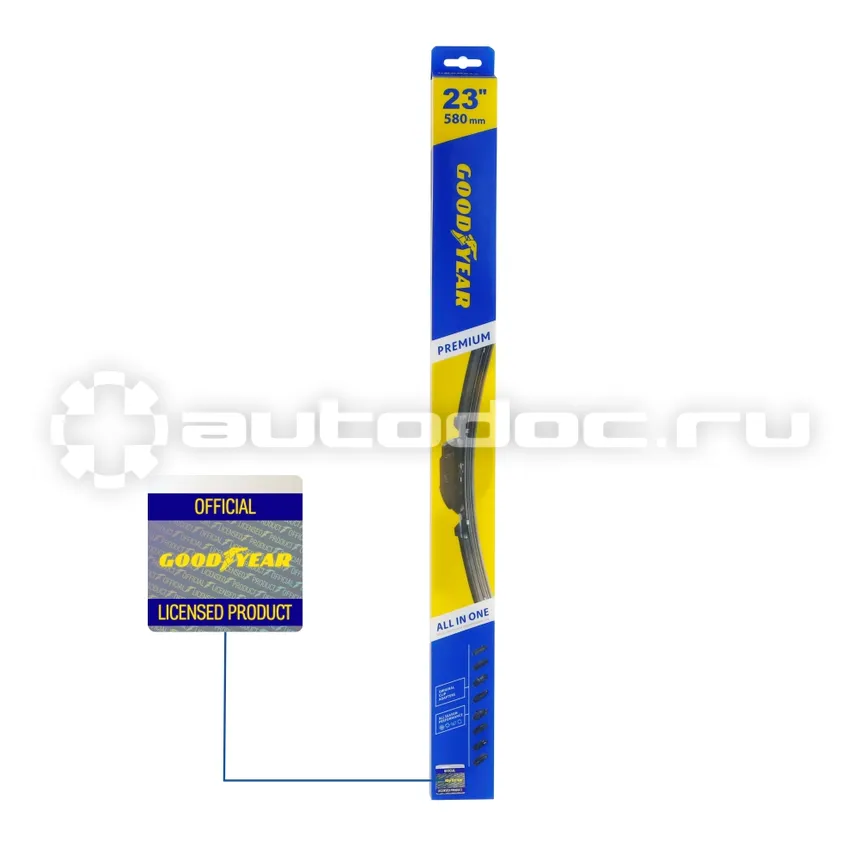 GOODYEAR Щетка стеклоочистителя бескаркасная PREMIUM 23" | 58 cm всесезонная, 8 переходников
