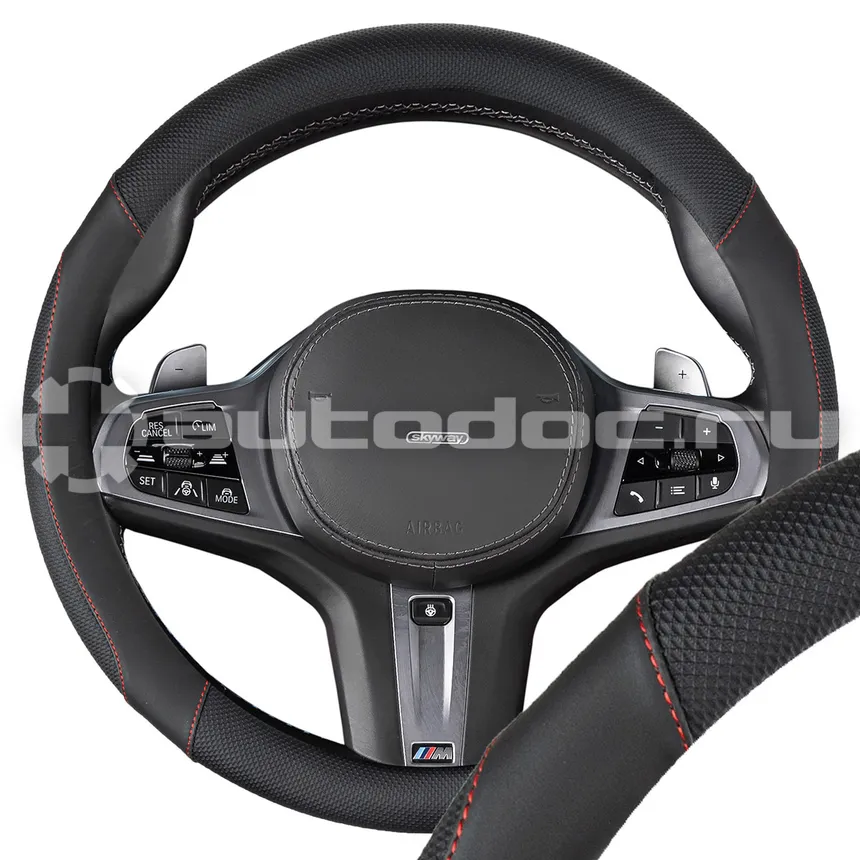SKYWAY Оплетка экокожа M (37-39 см) Design Combo-15 Черная, красная строчка