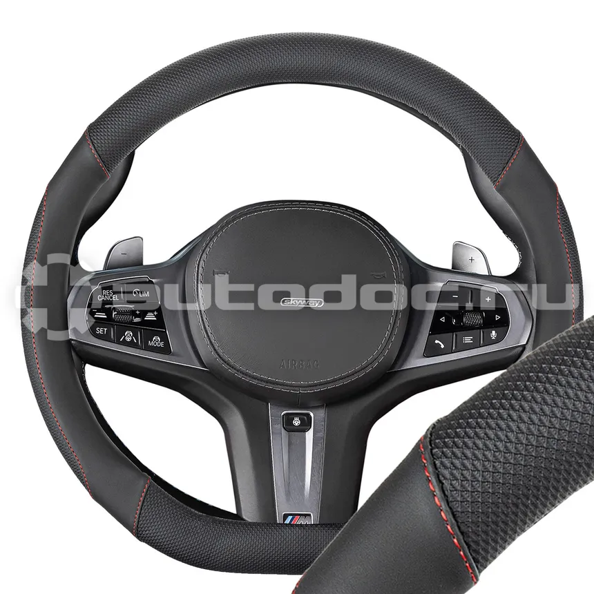 SKYWAY Оплетка D-тип экокожа M (37-39 см) Design Drift-7 Черная, красная строчка