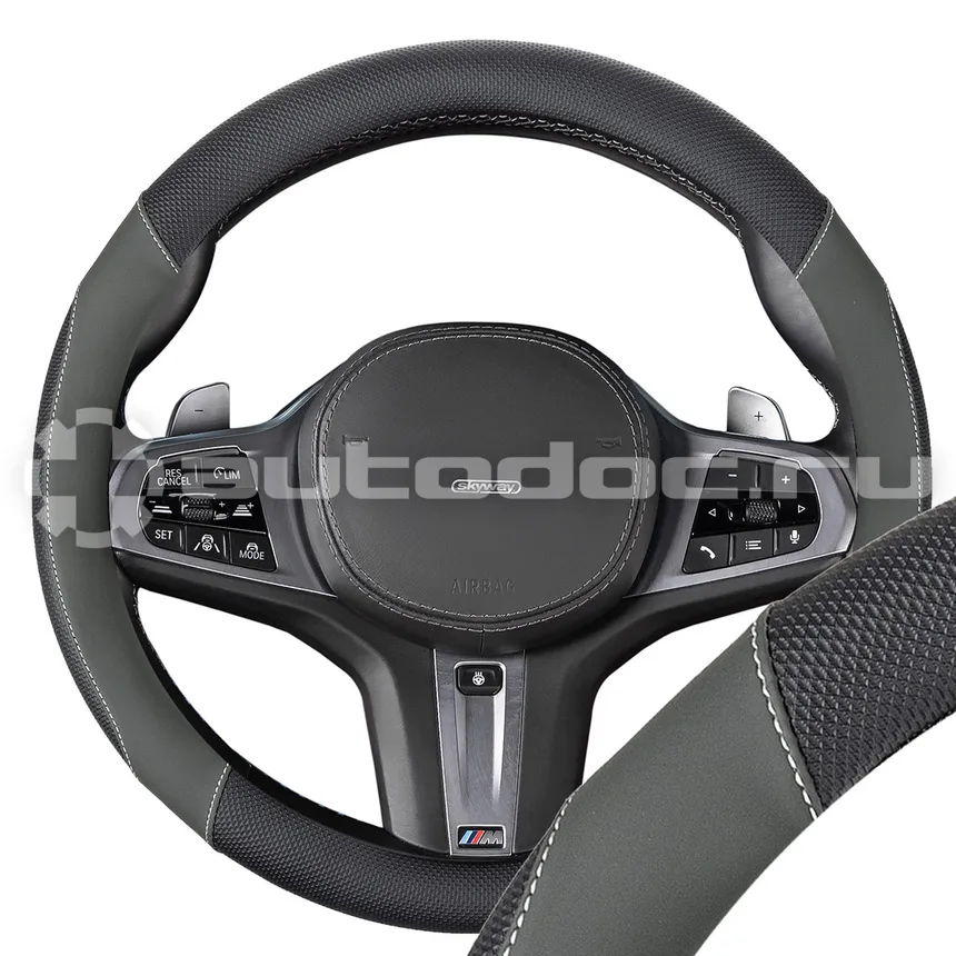 SKYWAY Оплетка экокожа M (37-39 см) Design Combo-15 Черная/серая, серая строчка