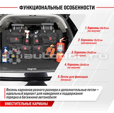 SKYWAY Органайзер в багажник 90*49см с карманами крепление на сиденья
