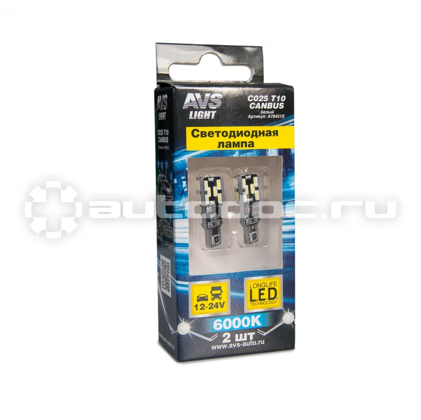 AVS Лампы светодиодные T10 C025  | белый |  (W2.1x9.5D) CANBUS 24SMD 4014 12-24V