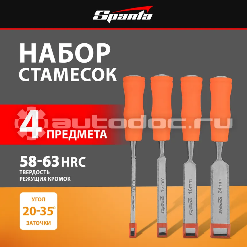 SPARTA Набор стамесок 4 шт, 6-12-18-24 мм, плоские, пластиковые ударные рукоятки