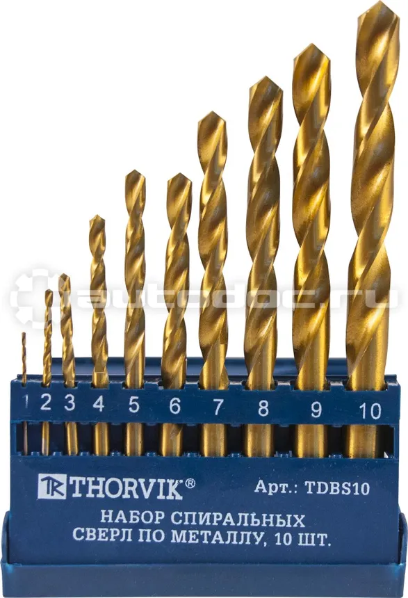 THORVIK Набор спиральных сверл по металлу HSS TiN в пластиковом кейсе, d1.0-10.0 мм, 10 предметов