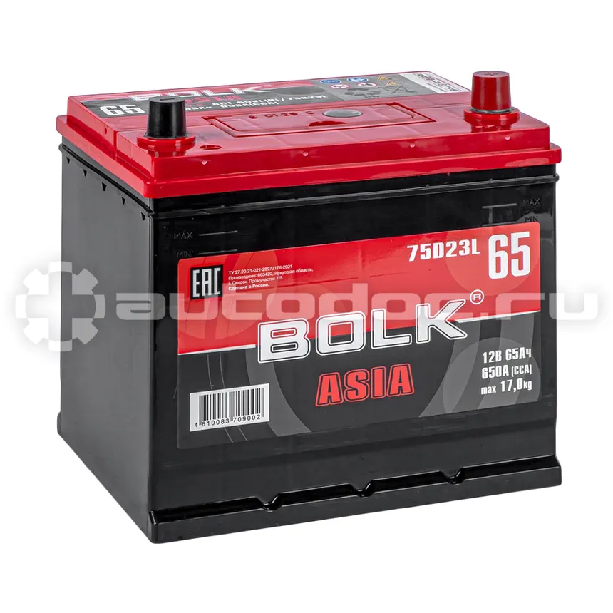 BOLK Аккумулятор ASIA 65 А/ч обратный R+ 232x175x225 D23 EN 650 А
