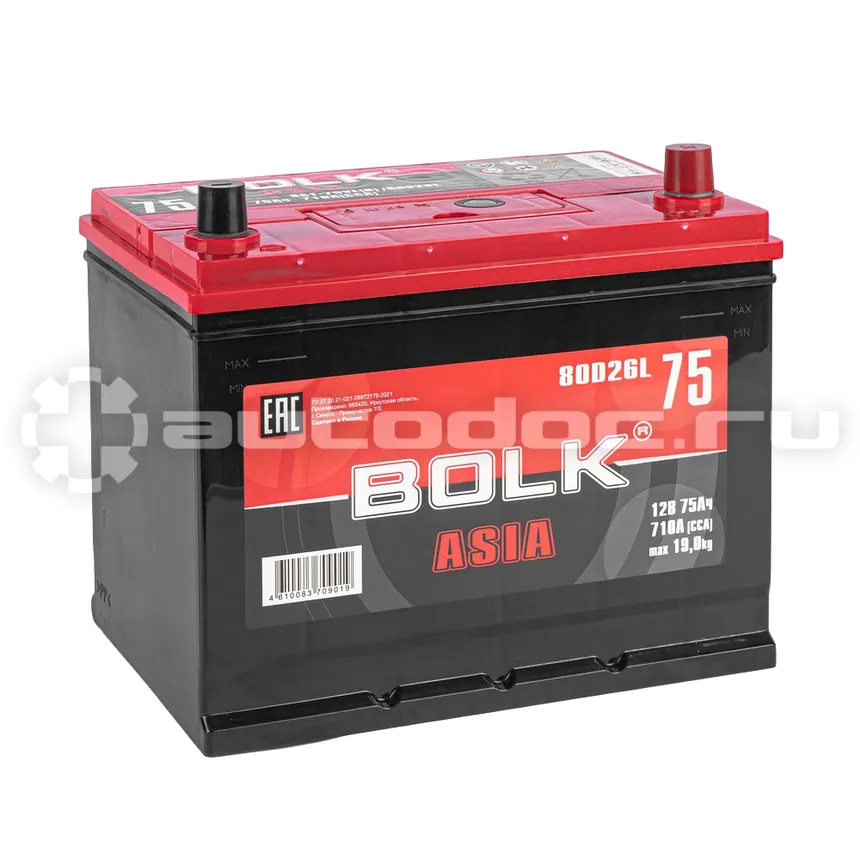 BOLK Аккумулятор ASIA 75 А/ч обратный R+ 260x175x225 D26 EN 710 А