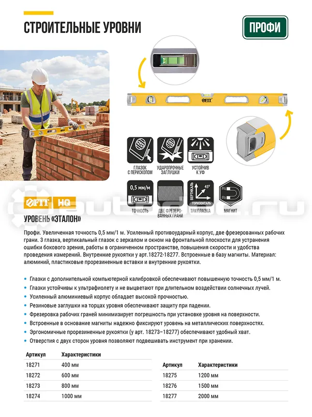 FIT TOOL Уровень "Эталон", 0,5 мм/м, 3 глазка, зеркало, усил. корпус, фрезер. раб. грани, магниты, ручки, Профи 1500 мм