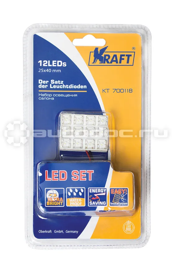 KRAFT Светодиодный набор освещения салона и подсветки номера 12LEDs 25x40 mm