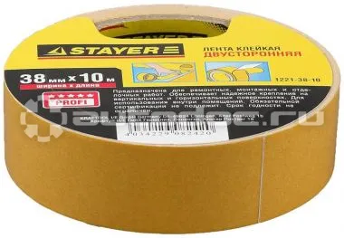 STAYER Лента клейкая двухсторонняя на полипропиленовой основе 1221-38-10, 38мм х 10м