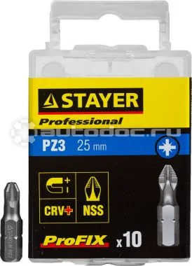 STAYER Биты "PROFESSIONAL" ProFix Pozidriv, тип хвостовика C 1 | 4", № 3, L=25мм, 10шт
