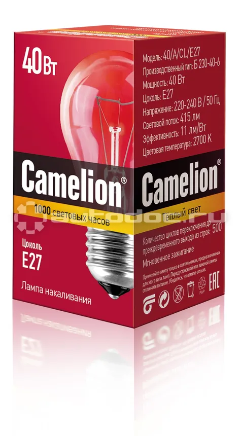 CAMELION Лампа накаливания 40 | A | CL | E27 40Вт Е27 гр