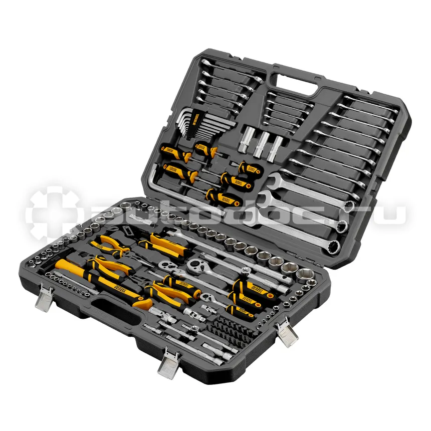 DENZEL Набор инструментов, 1/2", 1/4", 3/8", CrV, S2, пластиковый кейс, 144 предмета