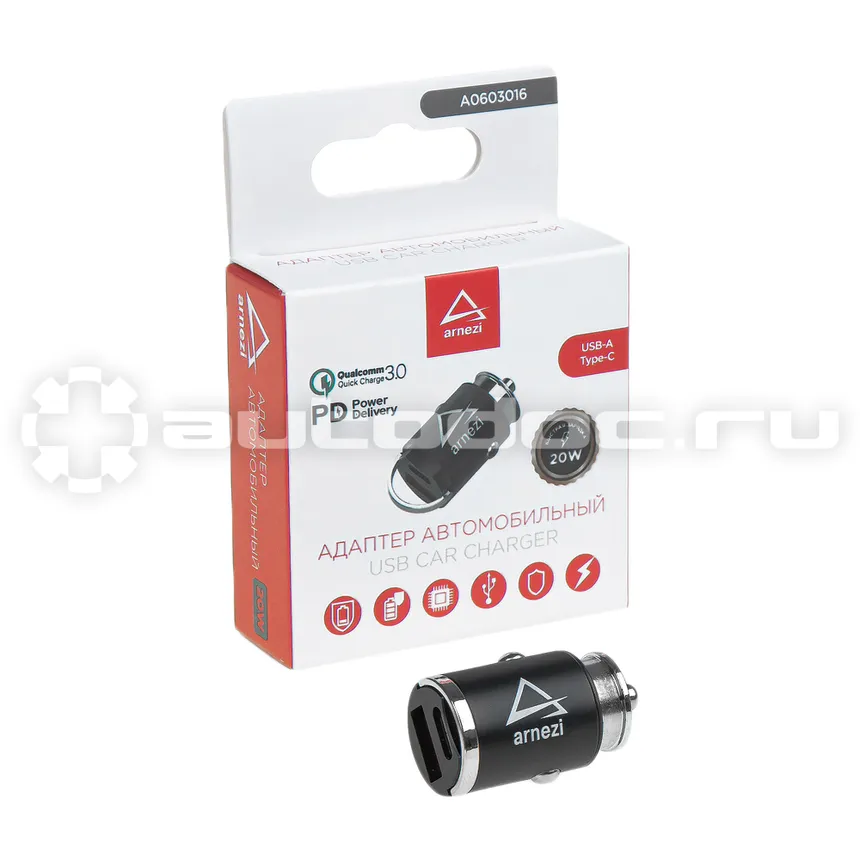 ARNEZI Адаптер автомобильный 20W USB-A (QC3.0) + Type-С (PD 3.0) 12-24V в прикуриватель