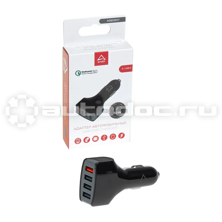 ARNEZI Адаптер автомобильный 30W 4хUSB-A 2.4А (QC3.0) 12-24V в прикуриватель
