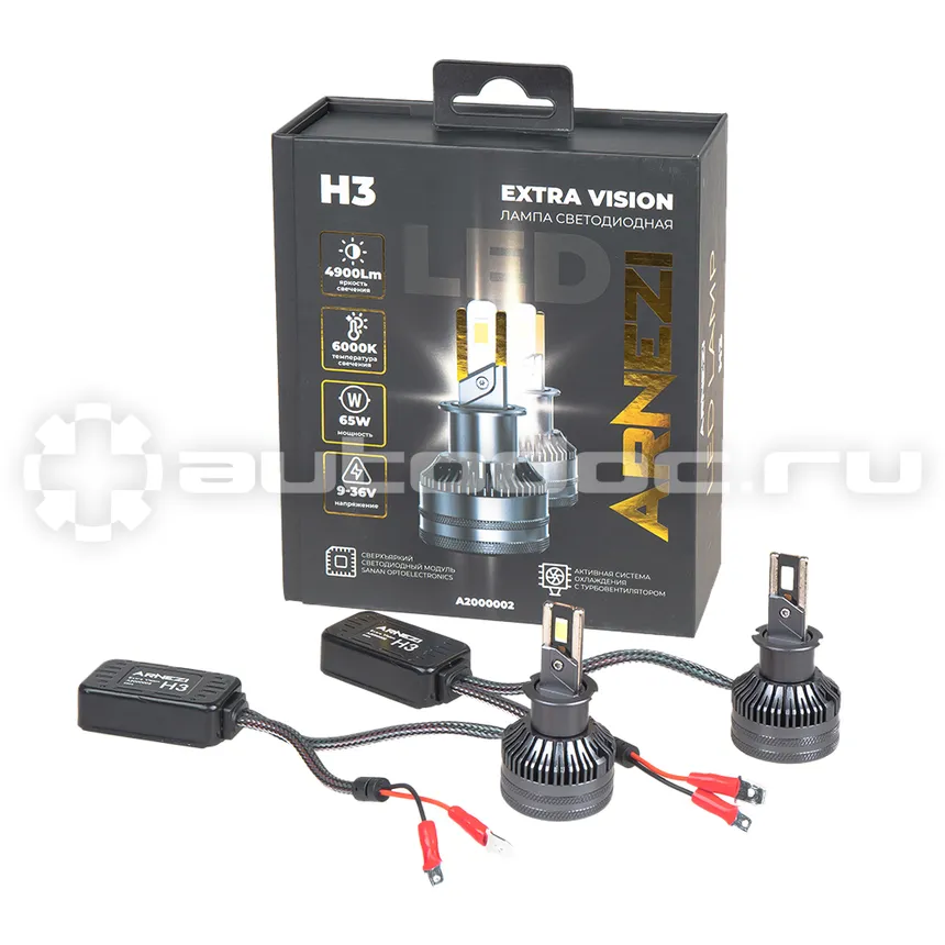 ARNEZI Лампа светодиодная 12/24V H3 65W 4900lm PK22s 6000K  Extra Vision LED 2 шт. DUOBOX IP68 A2000002