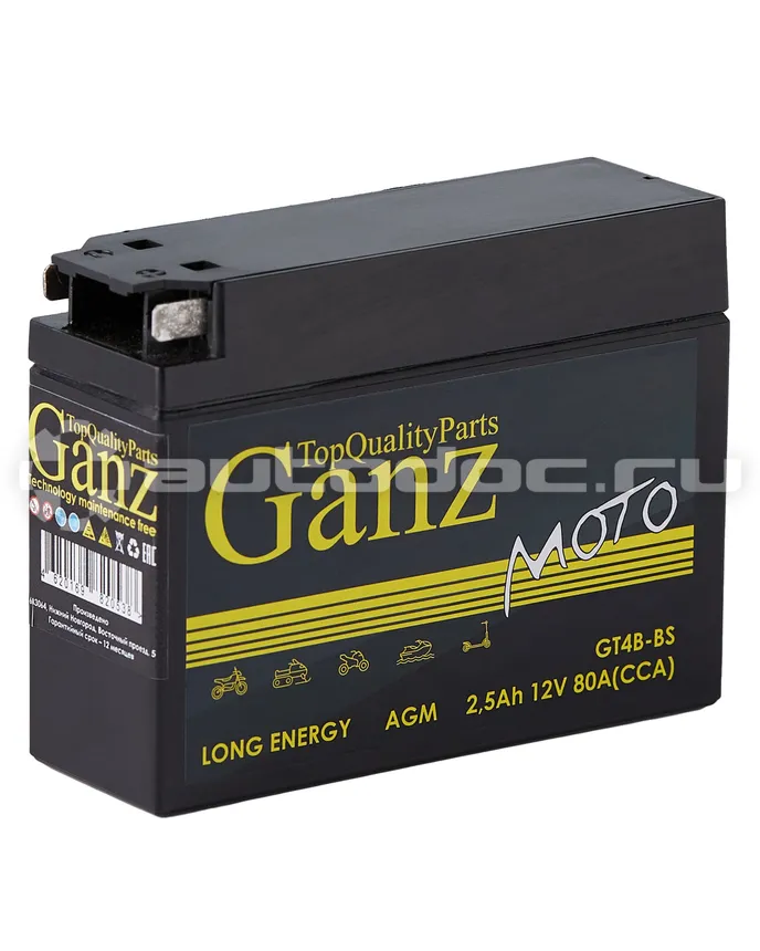 GANZ Аккумулятор мото AGM 2 А/ч обратный R+ 114x39x87 мото EN 80 А