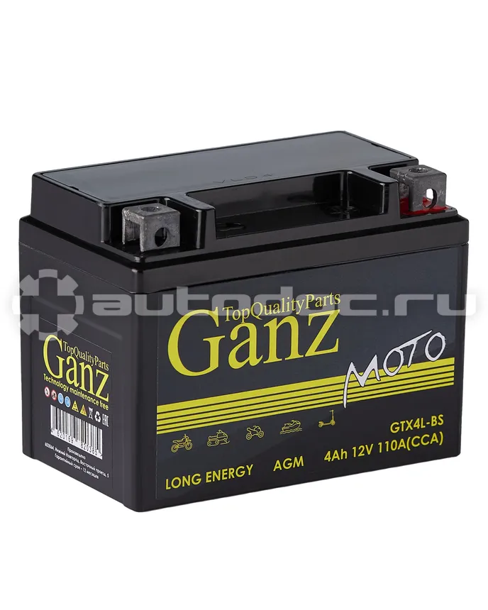 GANZ Аккумулятор мото AGM 4 А/ч обратный R+ 113x70x89 мото EN 110 А