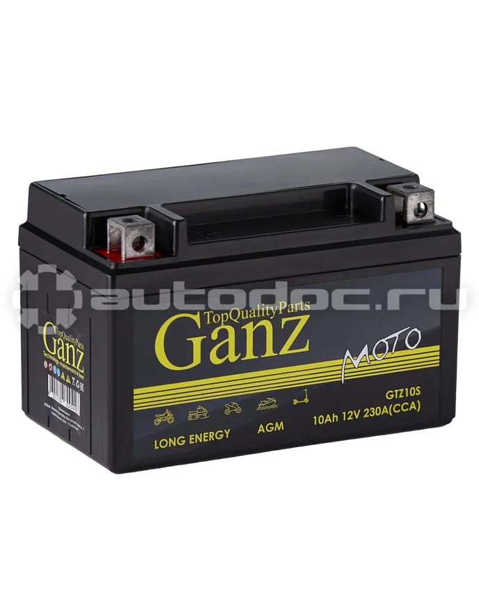 GANZ Аккумулятор мото AGM 10 А/ч прямой L+ 150x86x93 мото EN 230 А