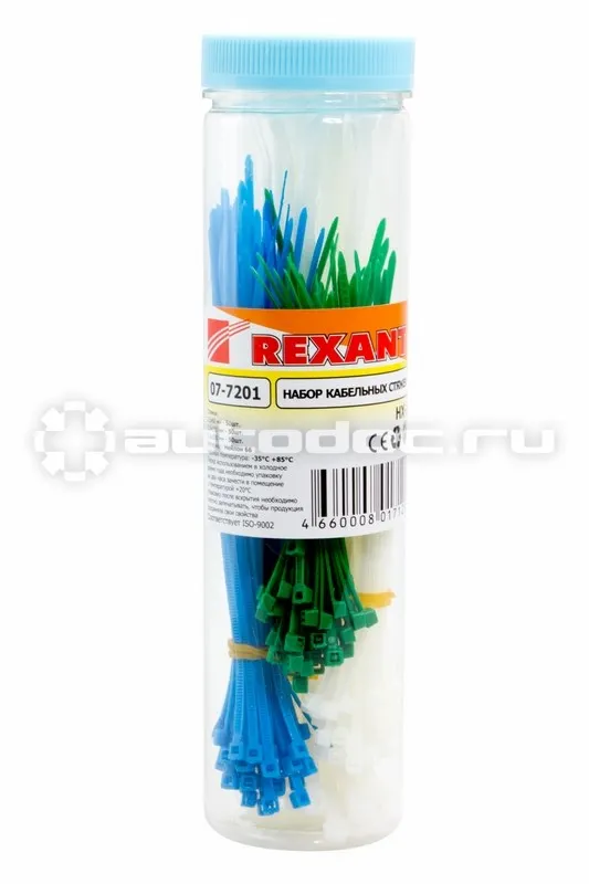 REXANT Набор хомутов-стяжек нейлоновых 100, 150, 200 мм, цветные, НХ-1, тубус 200 шт.
