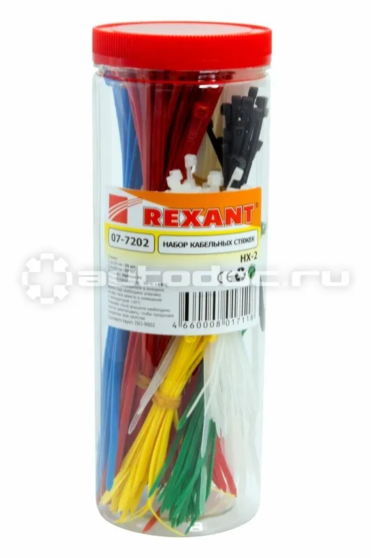 REXANT Набор хомутов-стяжек нейлоновых 100, 200 мм, цветные, НХ-2, тубус 300 шт.