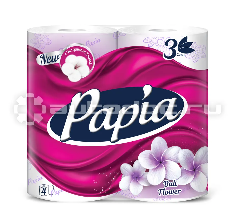 PAPIA Туалетная бумага белая с ароматом Bali Flower и рисунком трёхслойная