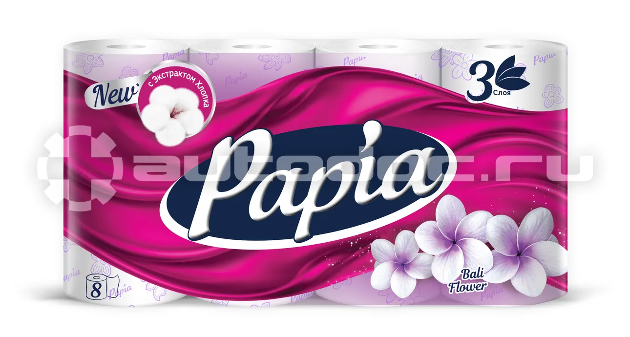 PAPIA Туалетная бумага белая  с аром. Bali Flower и рисунком трёхслойная