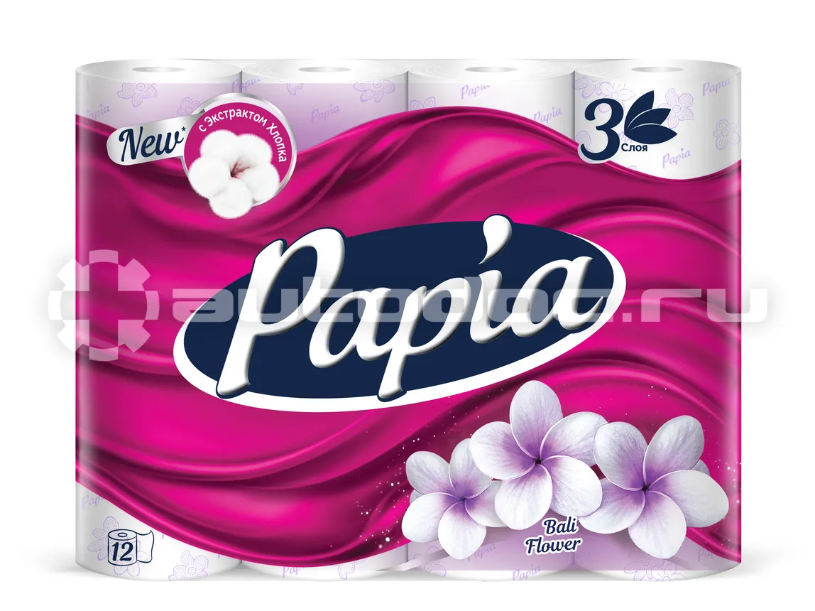 PAPIA Туалетная бумага белая с ароматом Bali Flower и рисунком трёхслойная