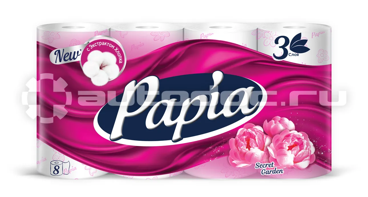 PAPIA Туалетная бумага белая  с аром. Таинственный сад и рисунком трёхслойная