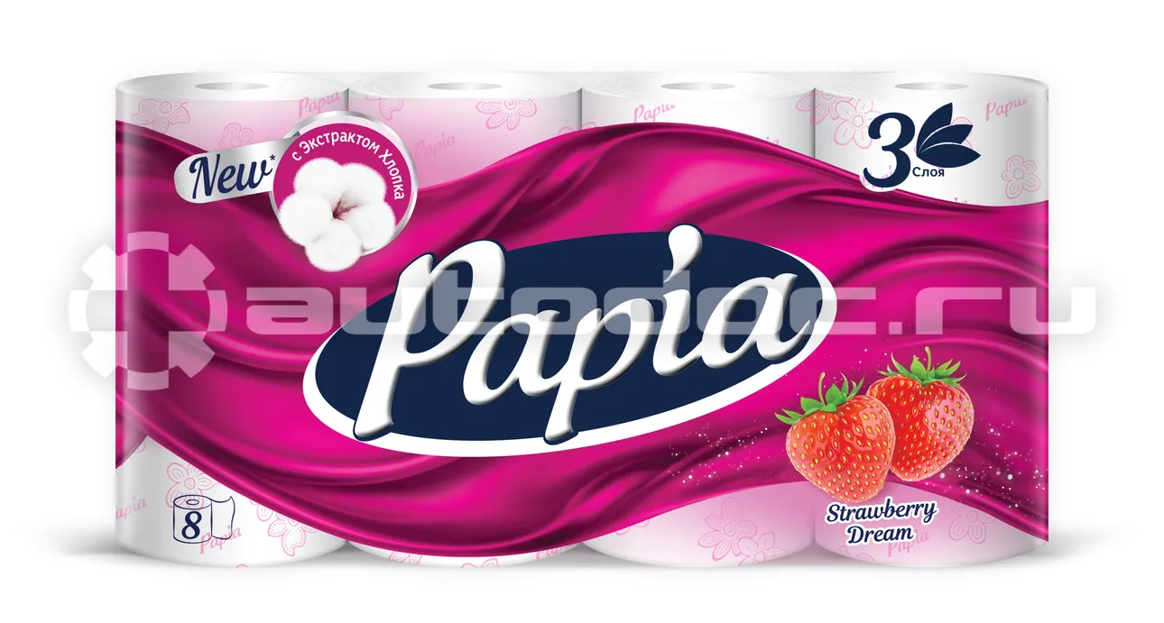 PAPIA Туалетная бумага белая с ароматом Strawberry Dream и рисунком трёхслойная