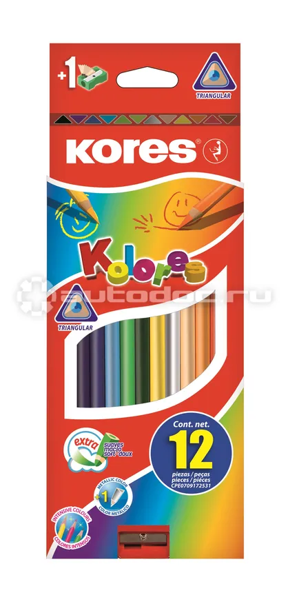 KORES Карандаши цветные 12цв 3-гран,точилка 93312.01